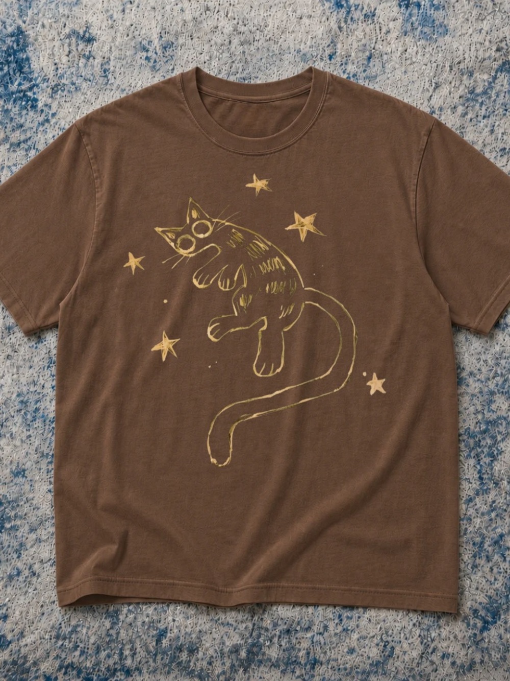 Gildan Brown Tee with Yellow Cat & Star Graphic
